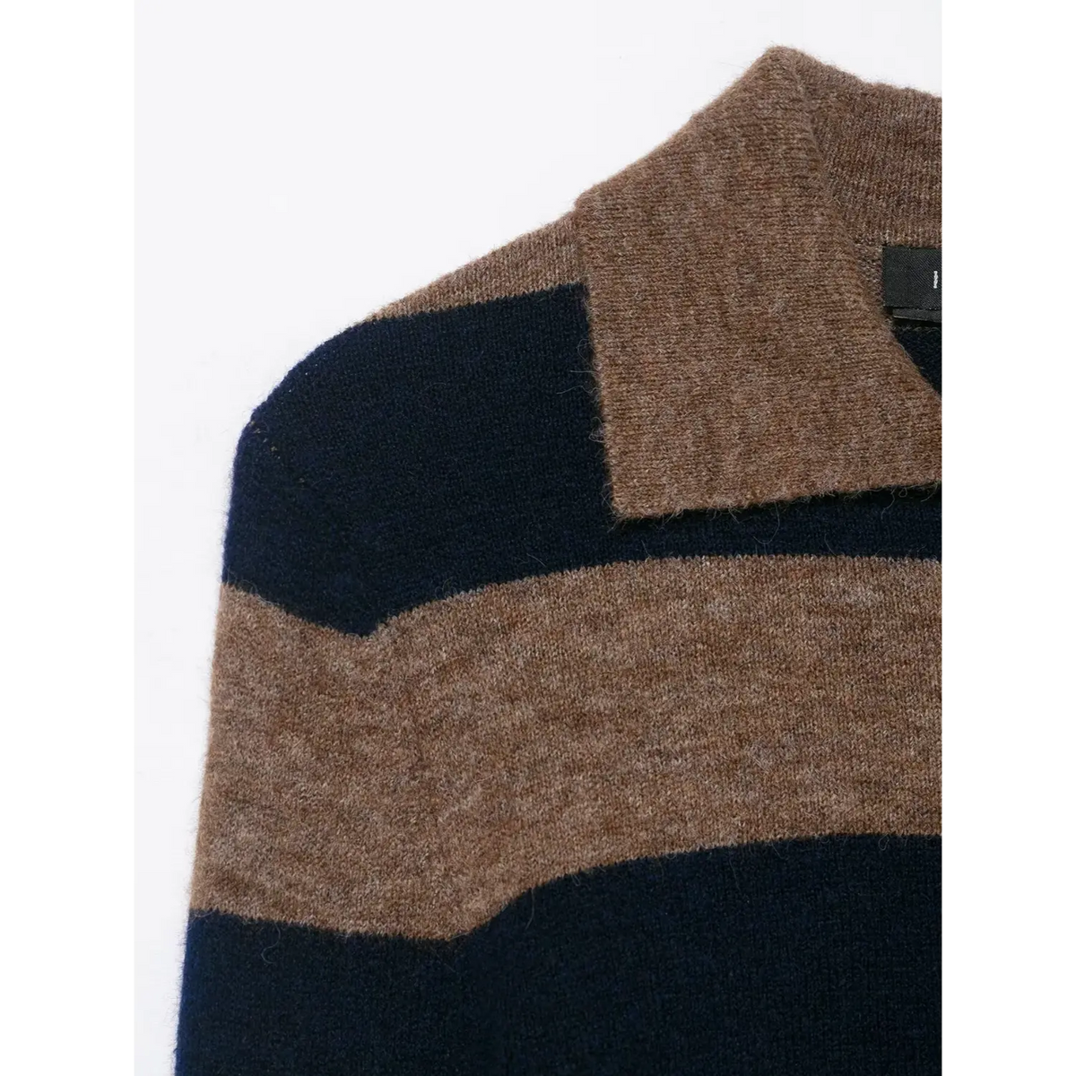 Close-up of brown navy striped shoulder detail