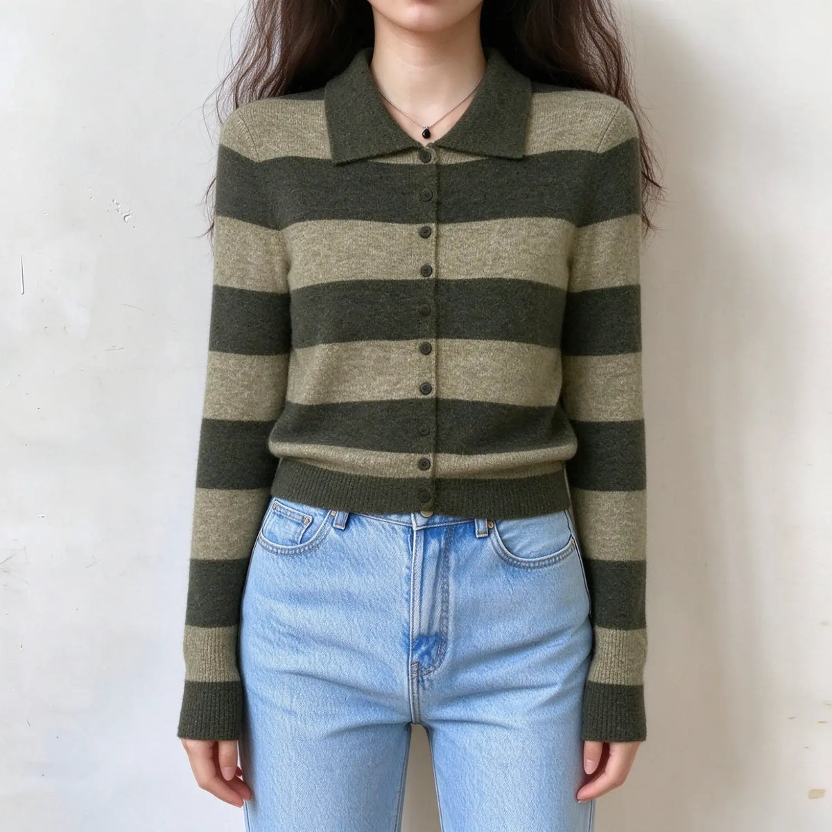 Model wearing striped polo collar button cardigan sweater, front view