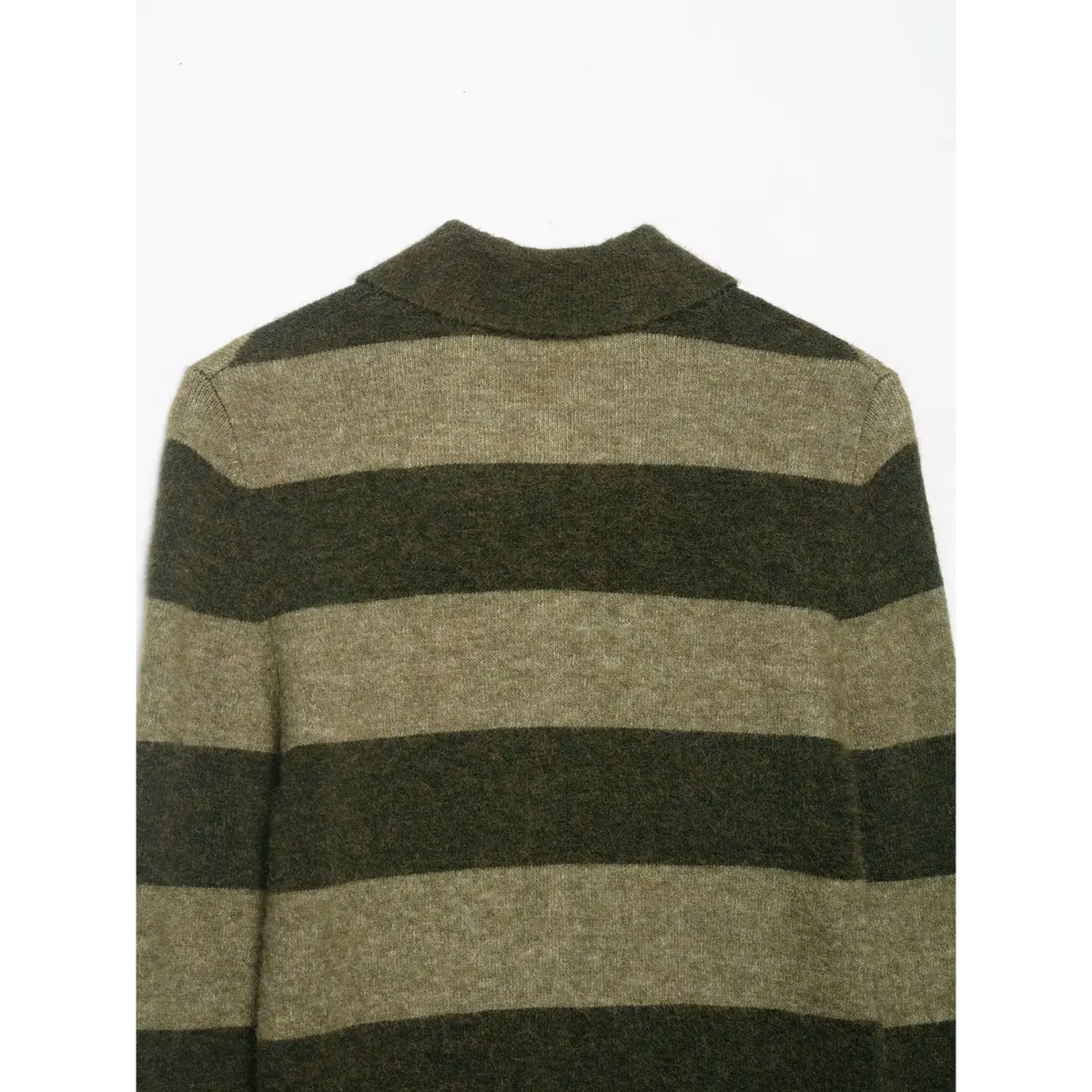 Close-up of olive striped back neckline