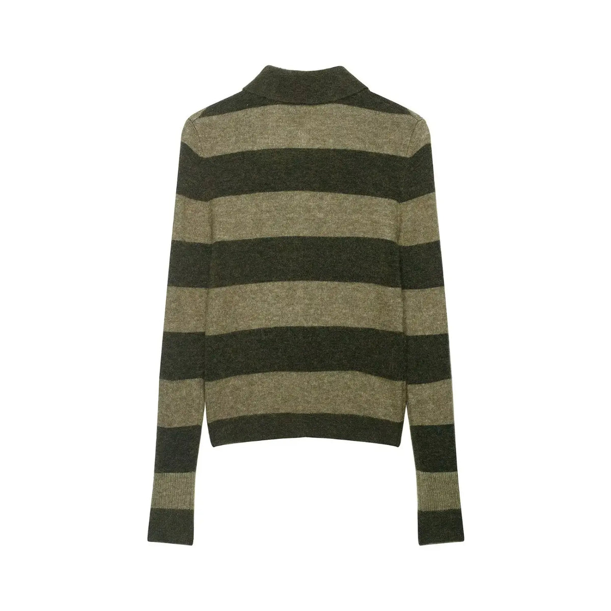 Back flat lay of olive striped polo collar button cardigan sweater
