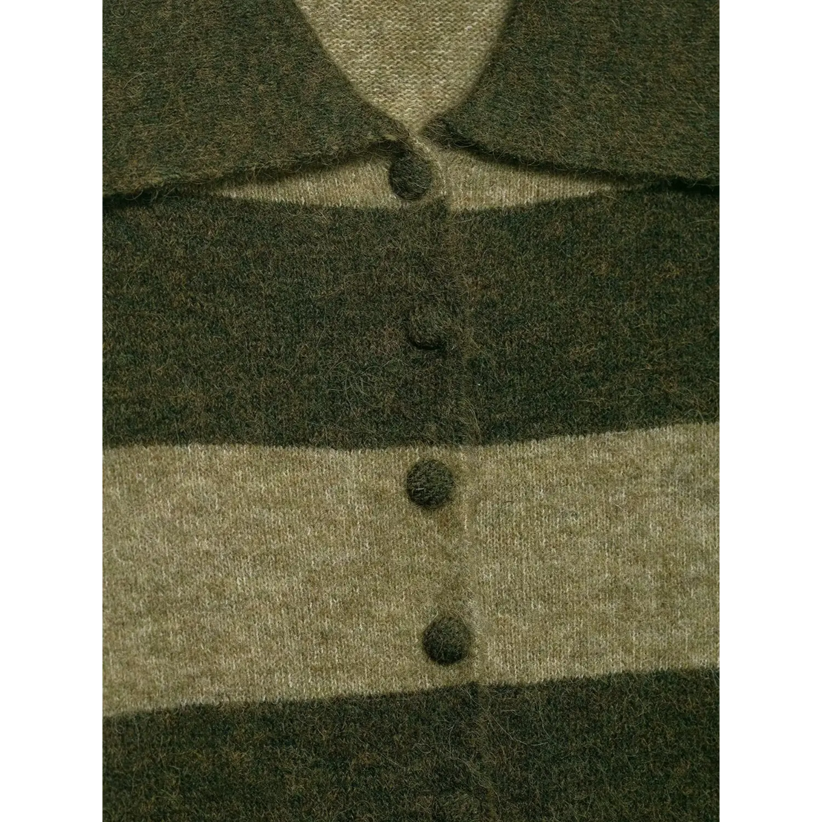Close-up of olive striped fabric covered button