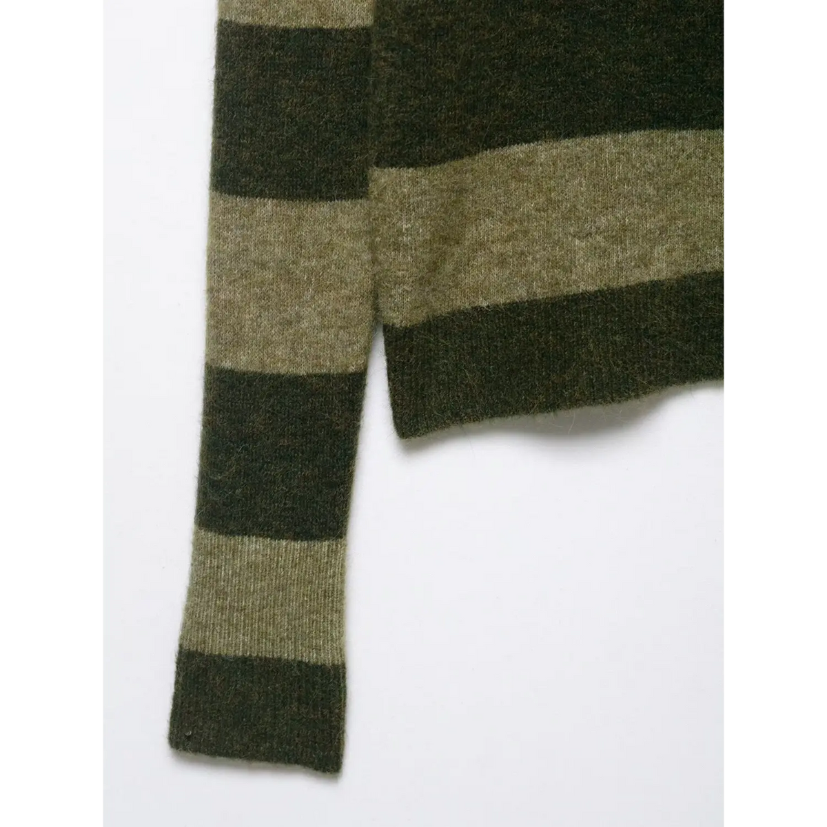 Close-up of olive striped cuff and hem
