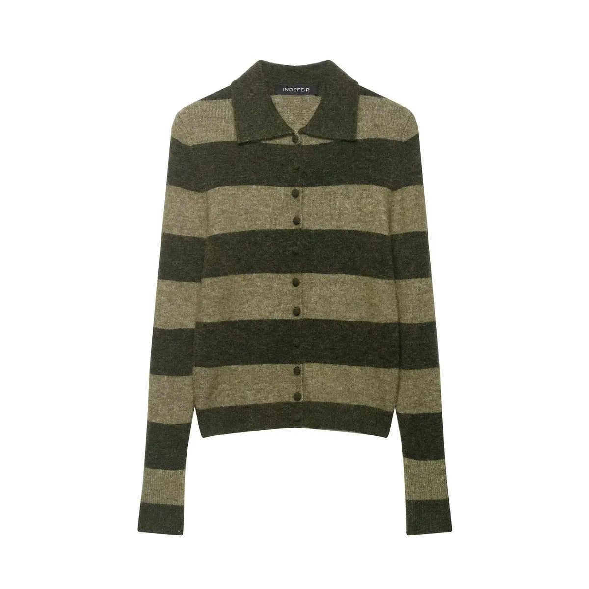 Front flat lay of olive striped polo collar button cardigan sweater