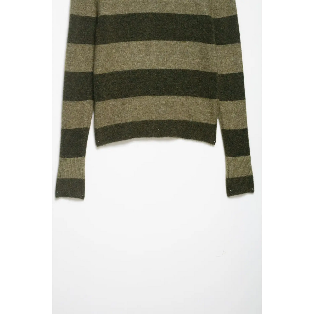 Full view of olive striped hem and cuffs