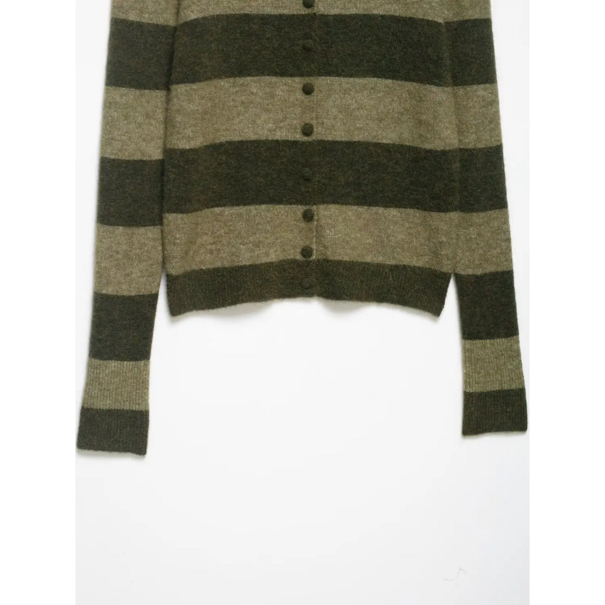 Close-up of olive striped button placket and hem