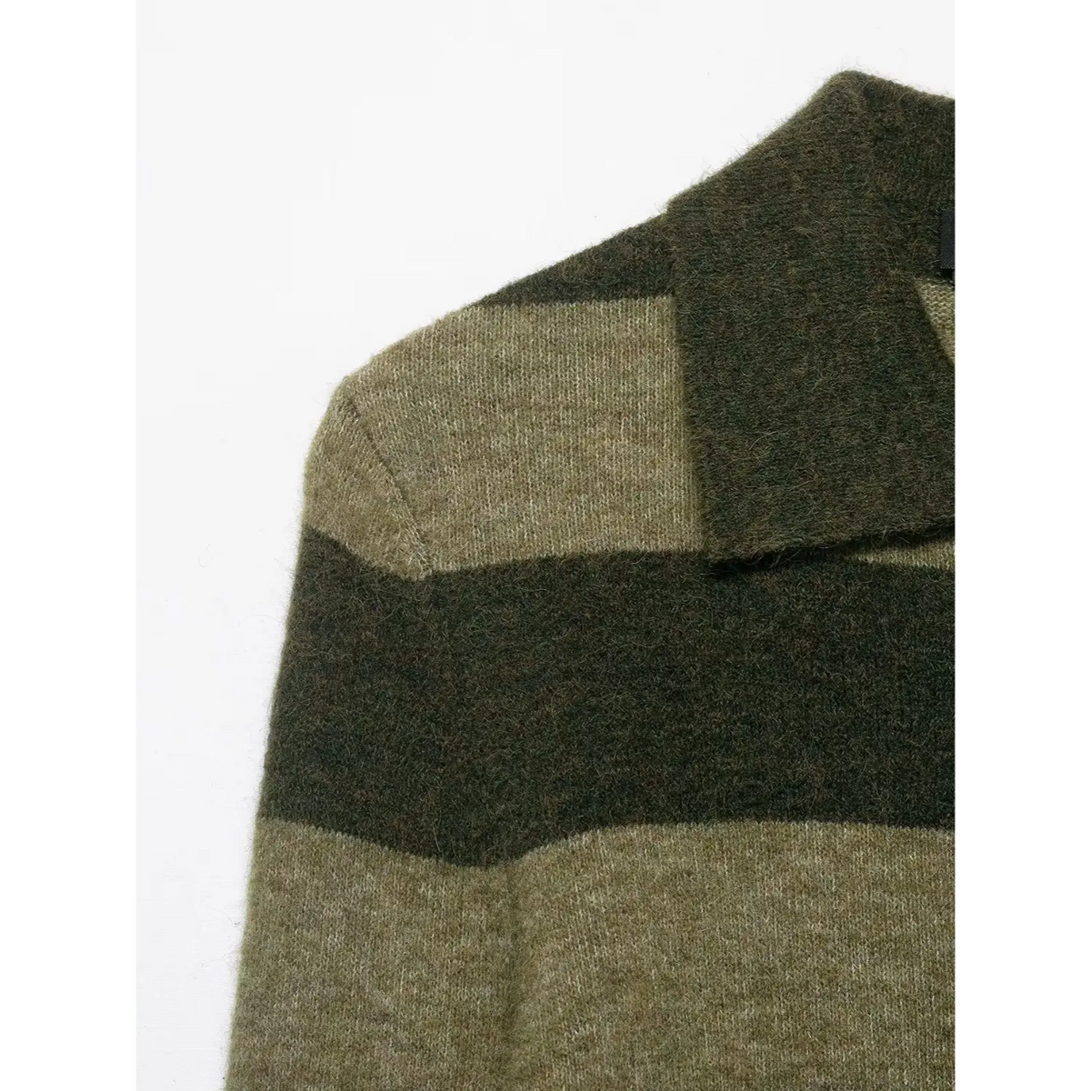 Close-up of olive striped shoulder detail