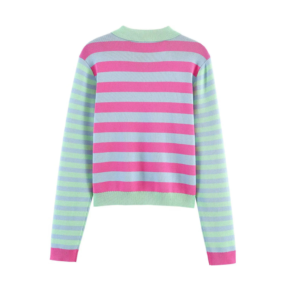 Back view of pink and powder blue striped knit cardigan with mint green collar and ribbed hem