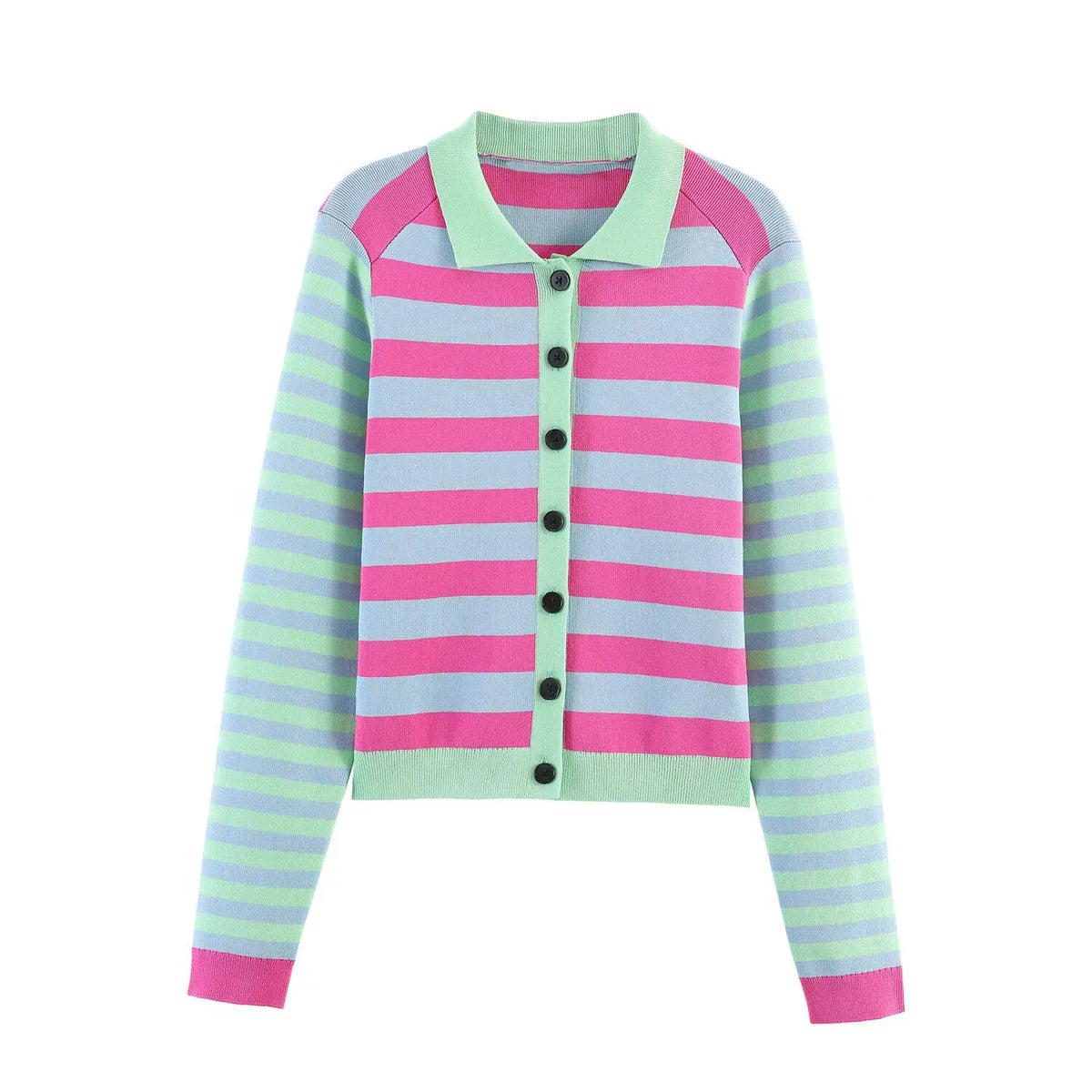 Front view of striped knit cardigan with polo collar, mint green trim and black buttons on white background