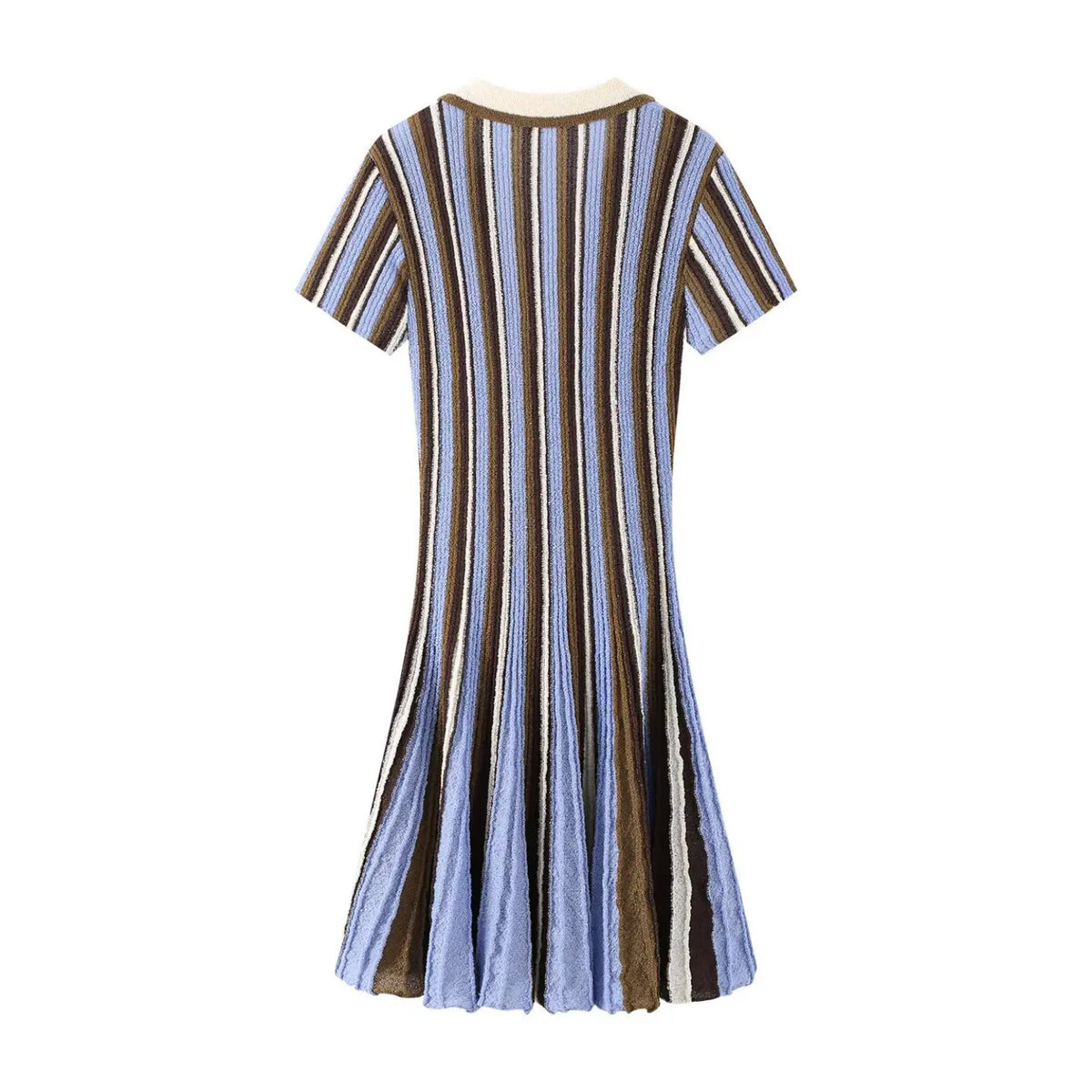 Blue brown striped polo collar knit mini dress, back flat lay