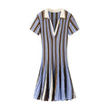 Blue brown striped polo collar knit mini dress, front flat lay