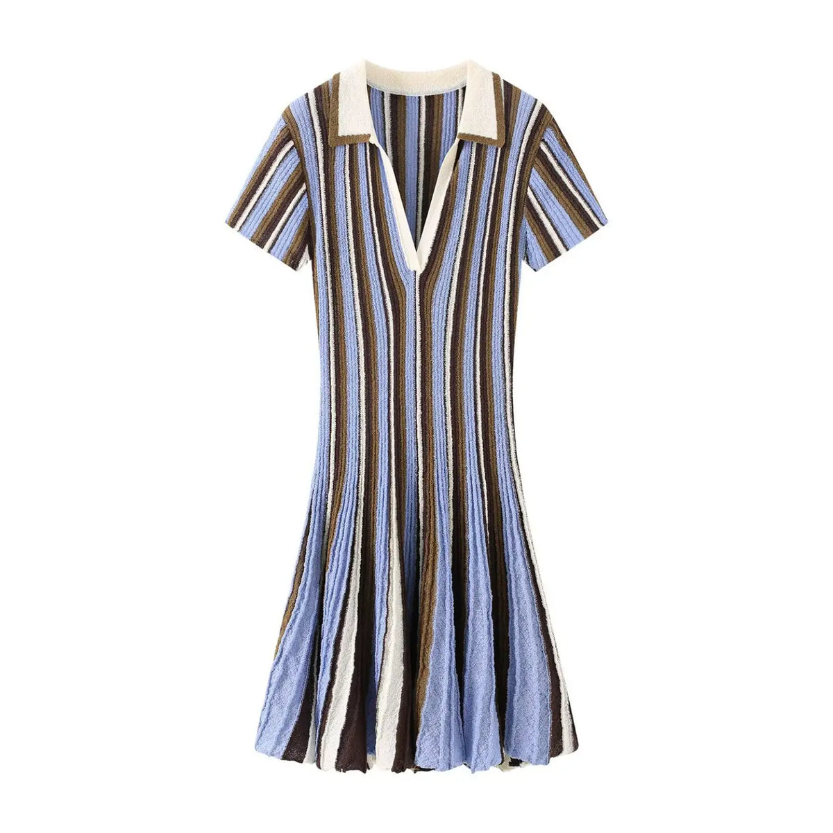 Blue brown striped polo collar knit mini dress, front flat lay