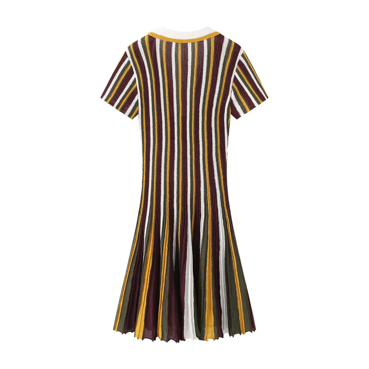 Burgundy olive striped polo collar knit mini dress, back flat lay