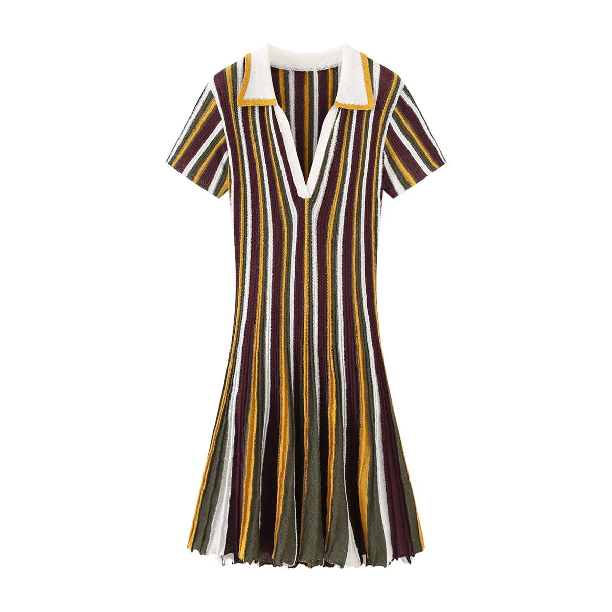 Burgundy olive striped polo collar knit mini dress, front flat lay