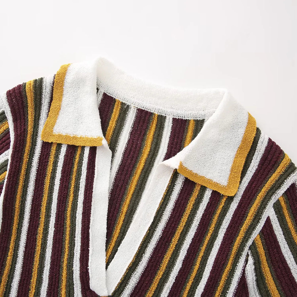 Close-up of burgundy olive striped contrast polo collar with yellow trim