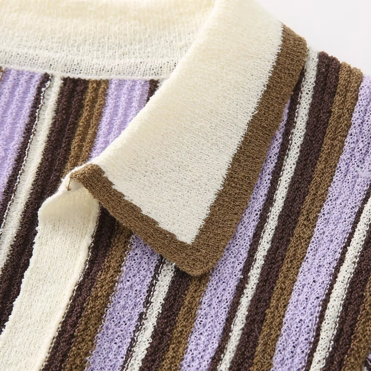 Close-up of lavender brown striped collar point and brown trim