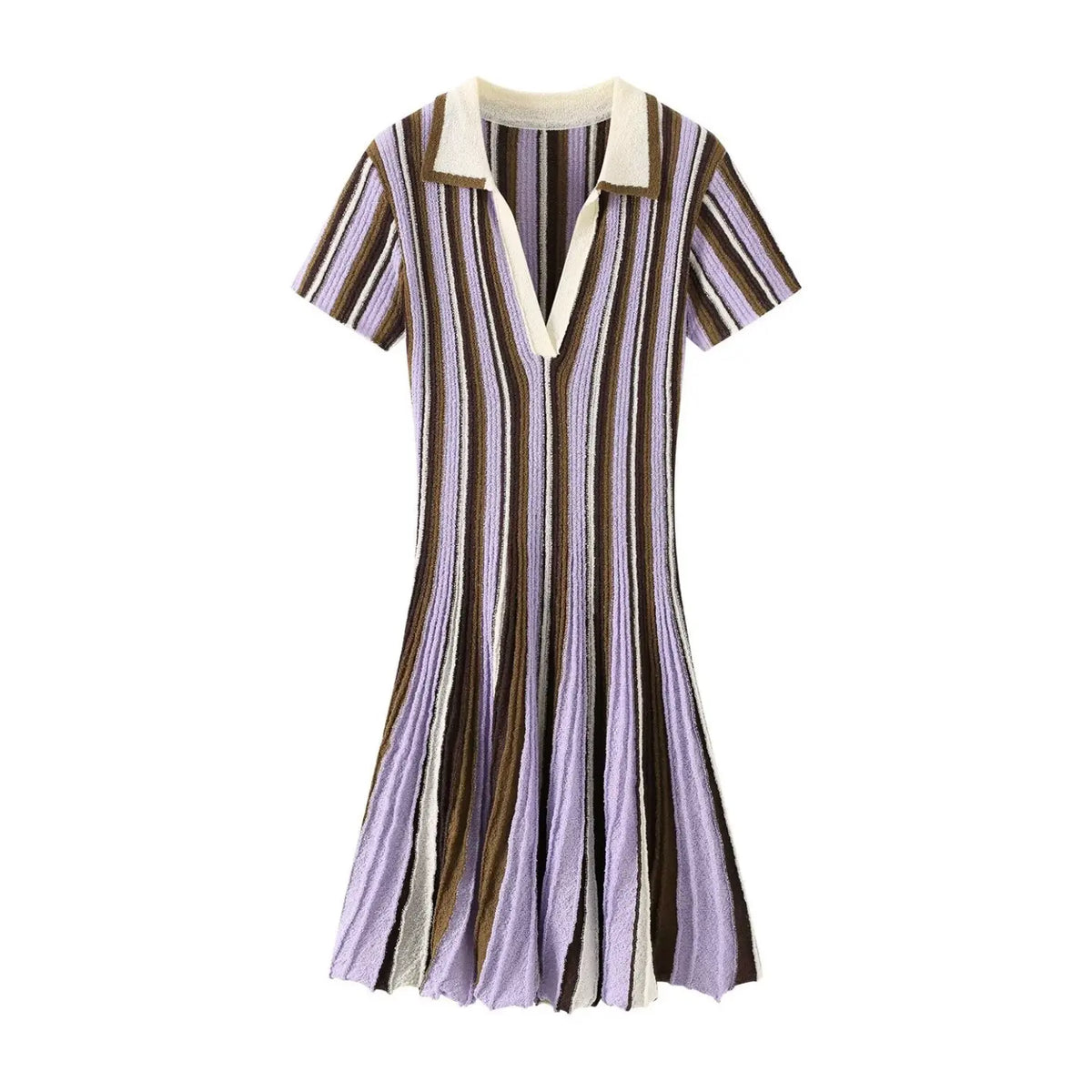 Lavender brown striped polo collar knit mini dress, front flat lay