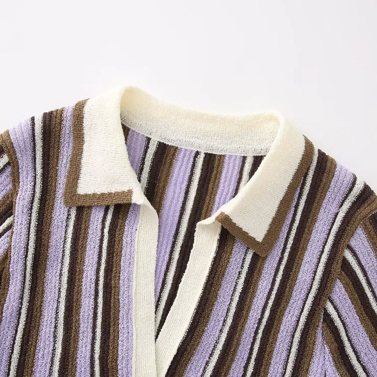 Close-up of lavender brown striped contrast polo collar