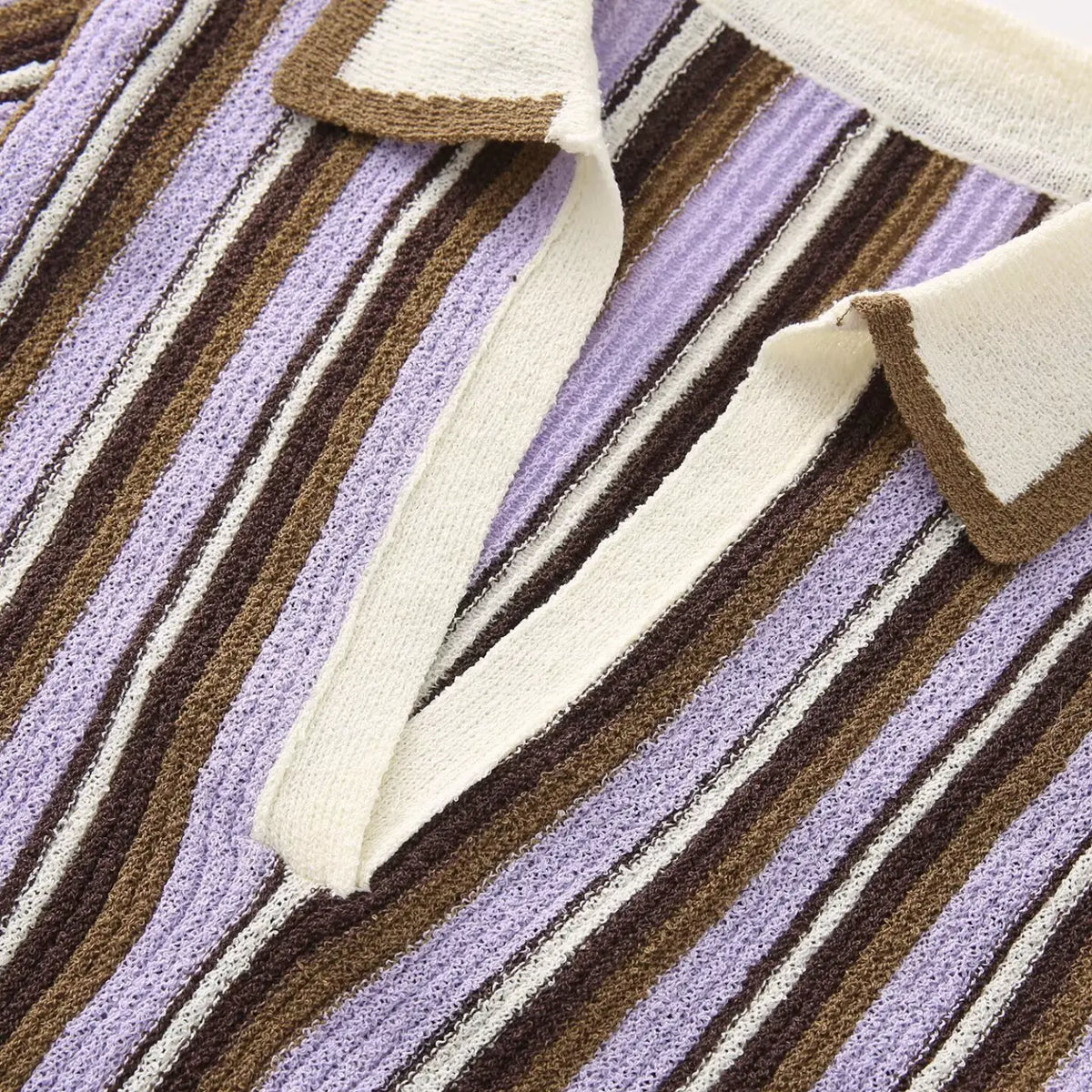 Close-up of lavender brown striped V placket detail