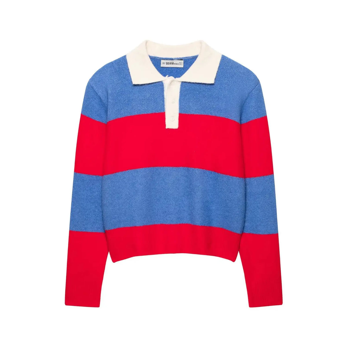 Front view of blue and red striped polo collar knit top with button placket on white background