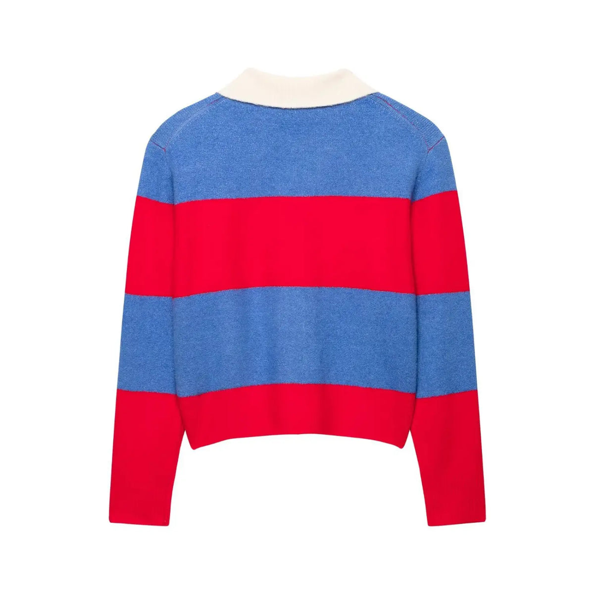 Back view of striped polo collar knit top with blue and red horizontal stripes and ribbed hem