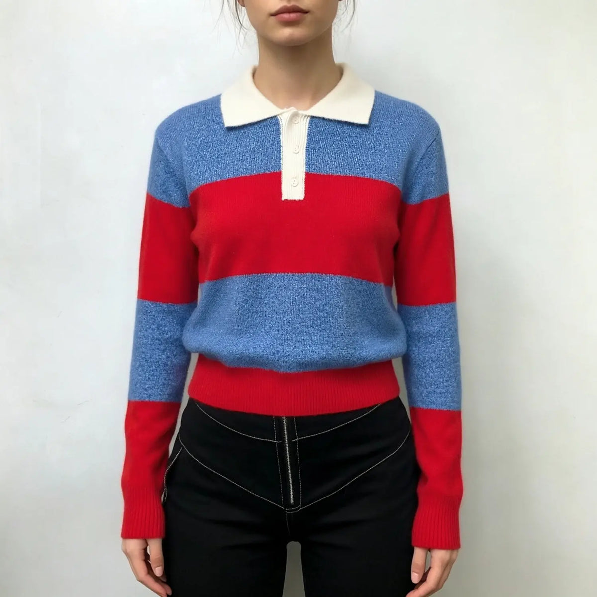 Model wearing blue and red striped polo collar knit top with black pants on white background