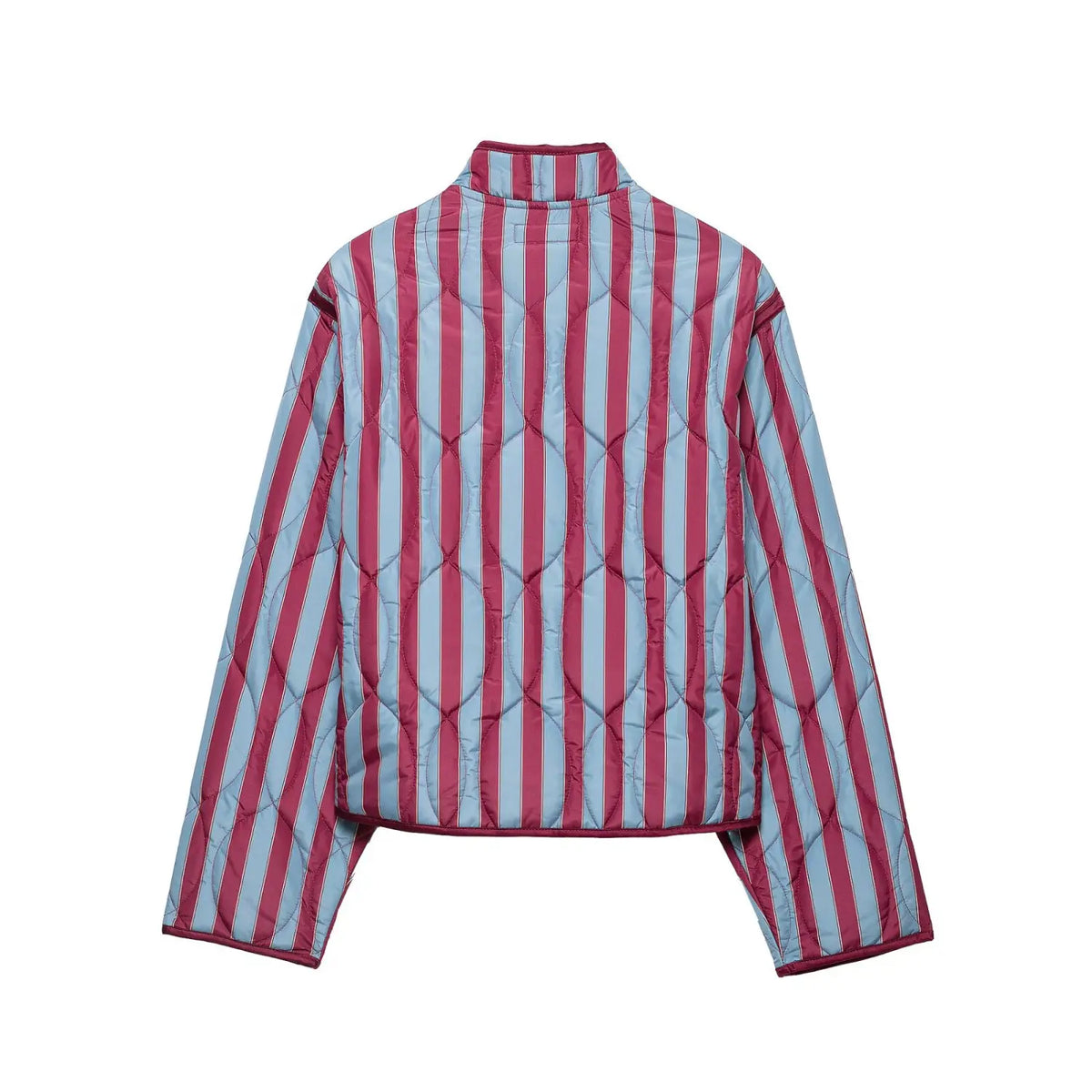 Back view of striped quilted jacket with mandarin collar and relaxed fit