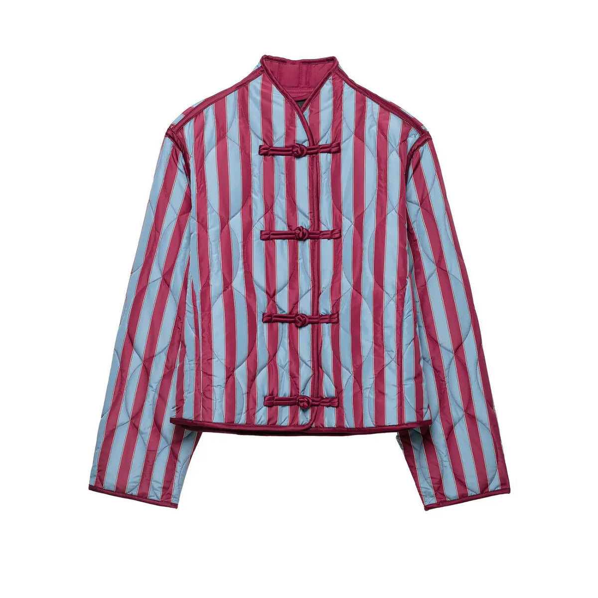 Front view of striped quilted jacket with mandarin collar and frog buttons on white background