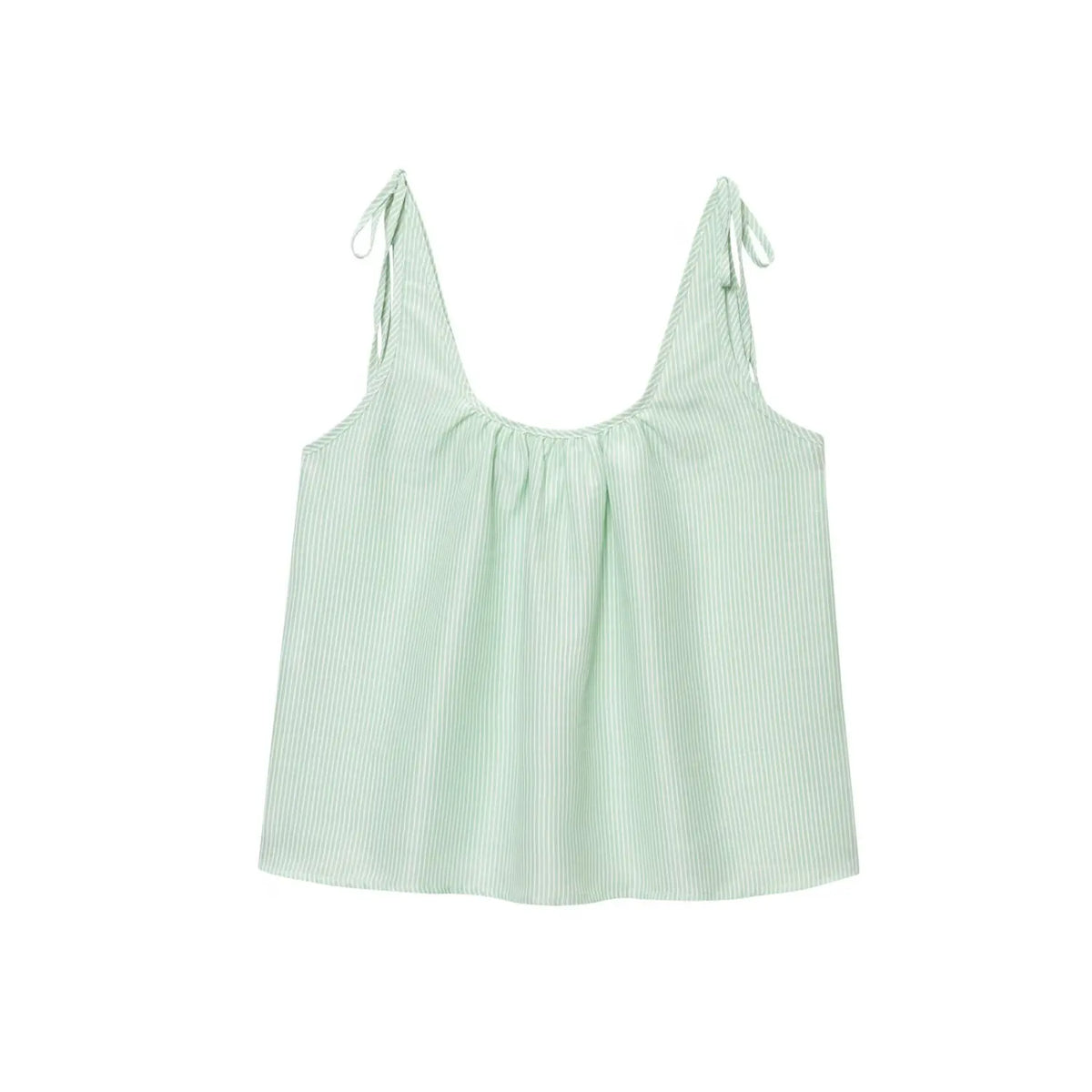Front flat lay of striped tie shoulder gathered cami top