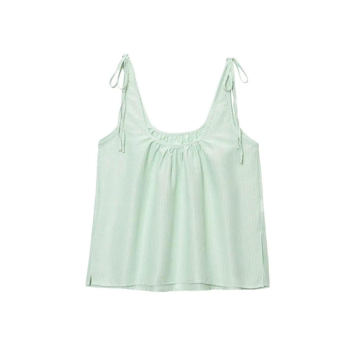 Front flat lay of striped tie shoulder gathered cami top