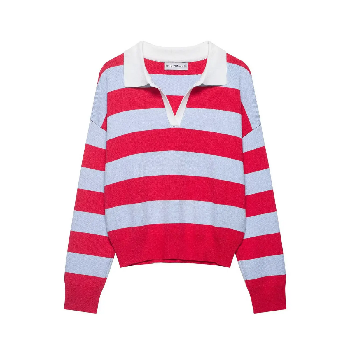Front flat lay of red and blue striped V neck collared knit top