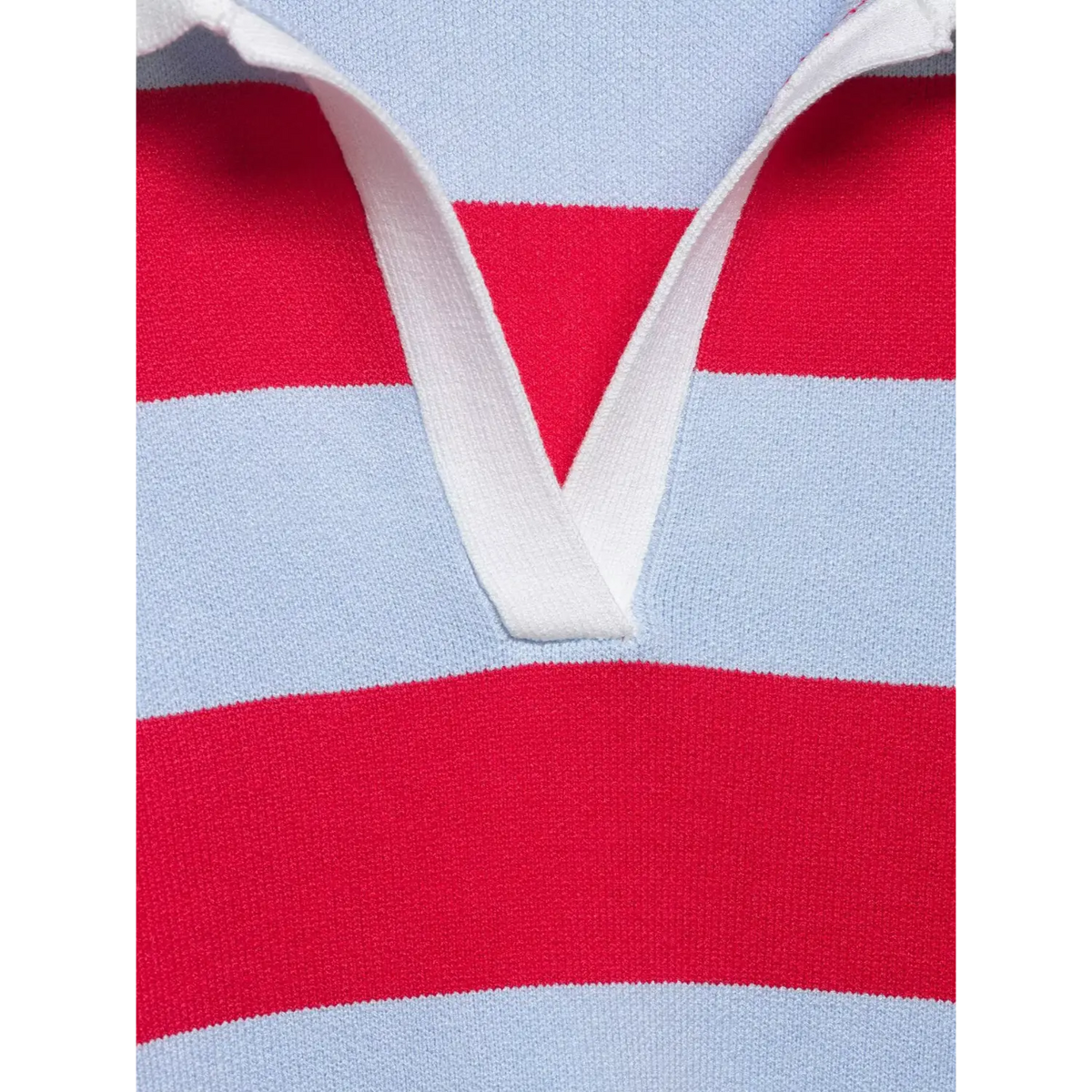 Close-up of white V neck opening and placket