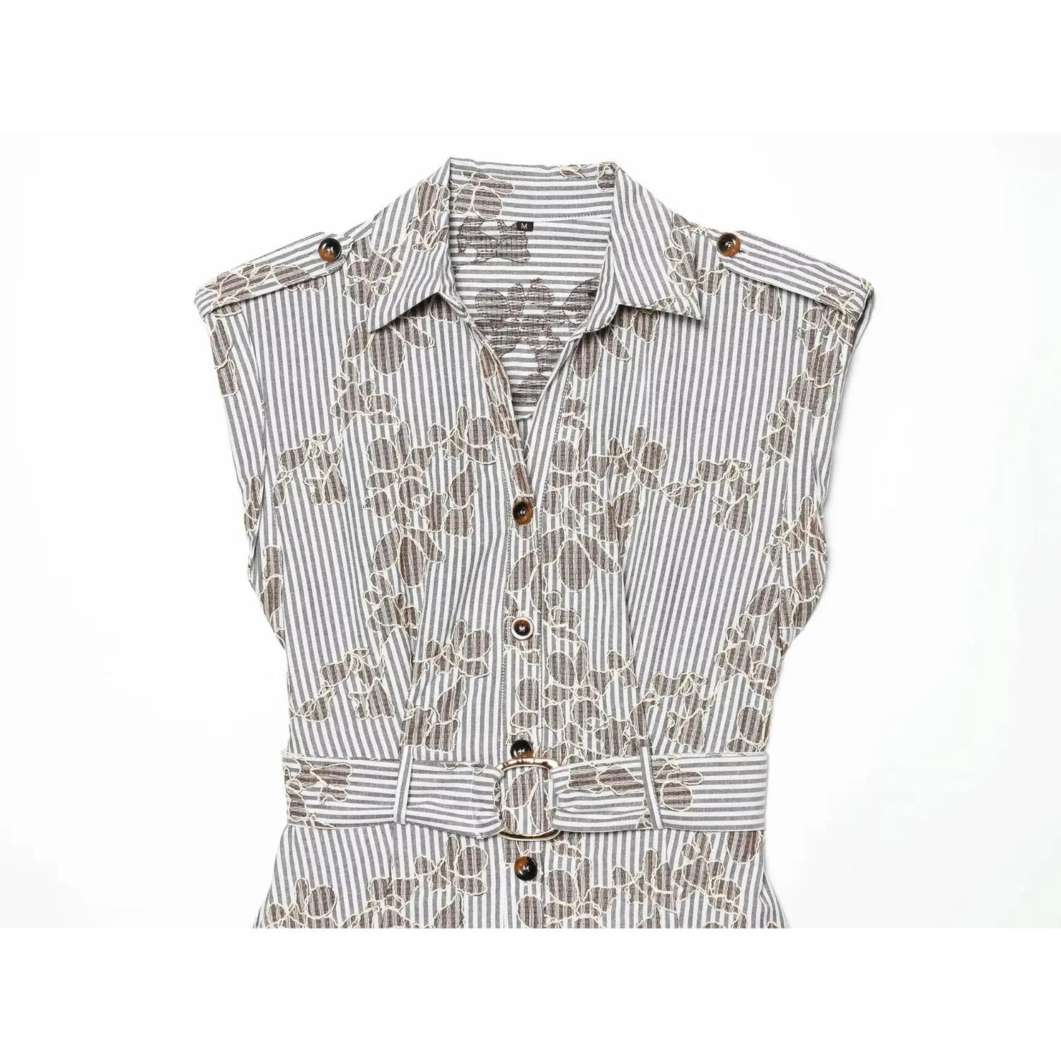 Close‑up view of collar, shoulder epaulet buttons and matching fabric belt on striped floral sleeveless mini dress