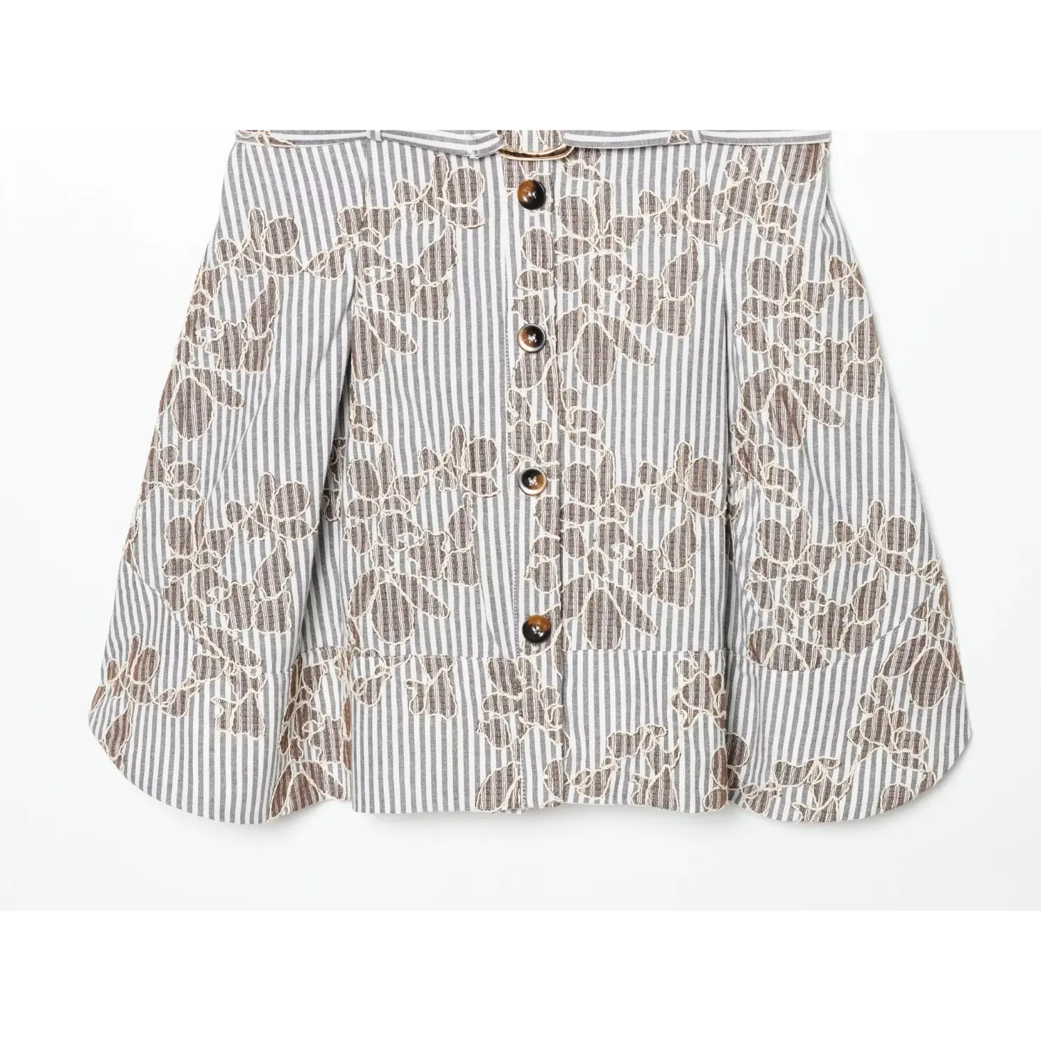 Close‑up of pleated skirt, front buttons and finished hem of striped floral sleeveless mini dress