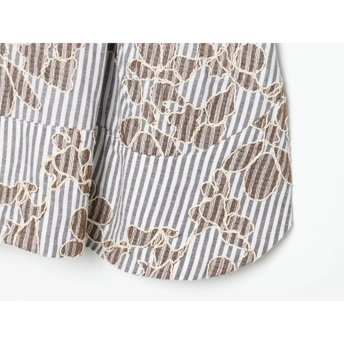 Close‑up of skirt hem, striped floral embroidered fabric and stitching detail of sleeveless mini dress