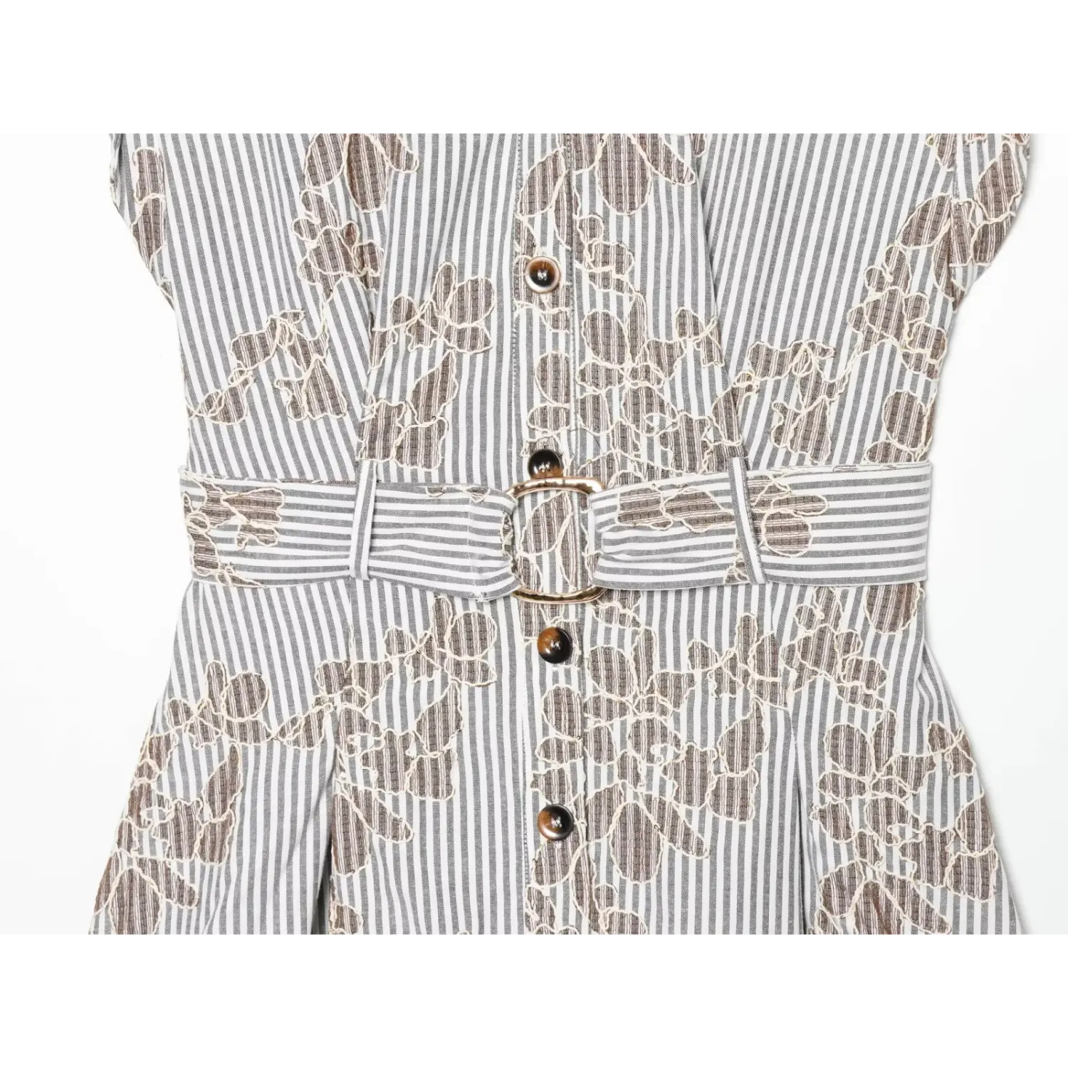 Waist close‑up, matching fabric belt with gold‑tone metal buckle and front button placket