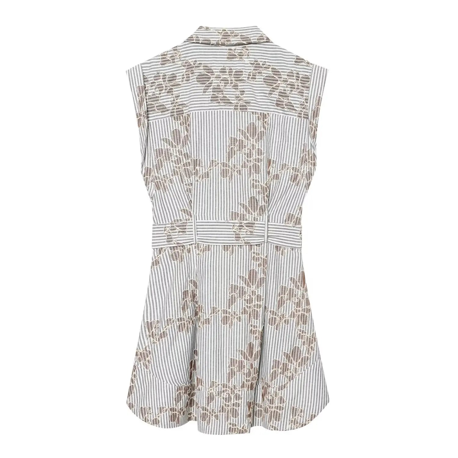 Back flat view of sleeveless collared mini dress, grey white stripe with brown floral print