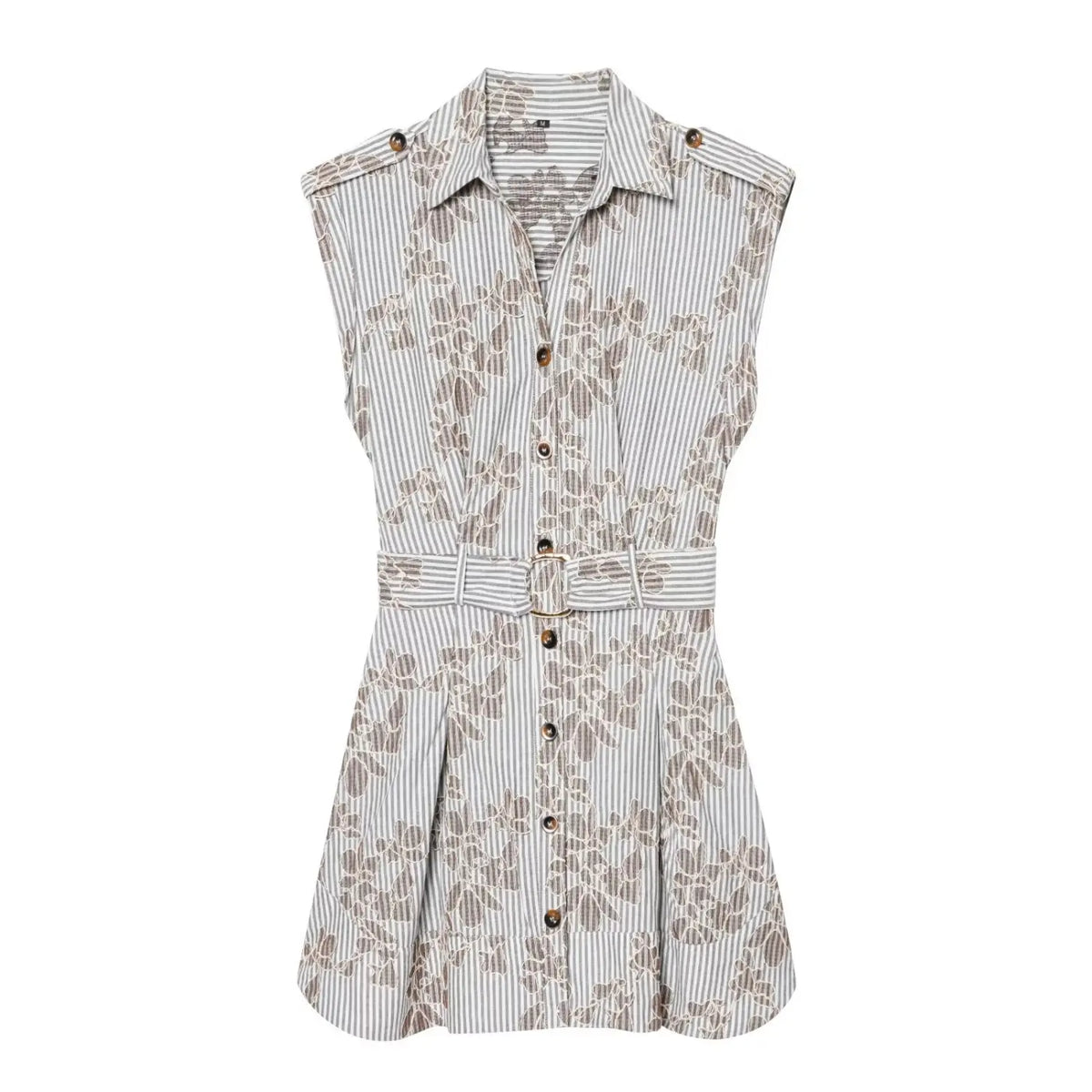 Front flat lay of sleeveless collared shirt mini dress, stripe floral print, matching fabric belt and front button placket