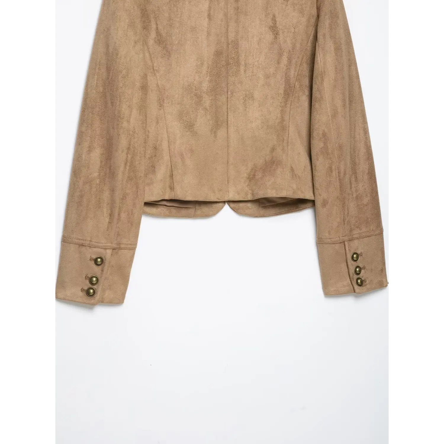 Back & cuff overview khaki faux suede military jacket with triple brass buttons on sleeve cuffs