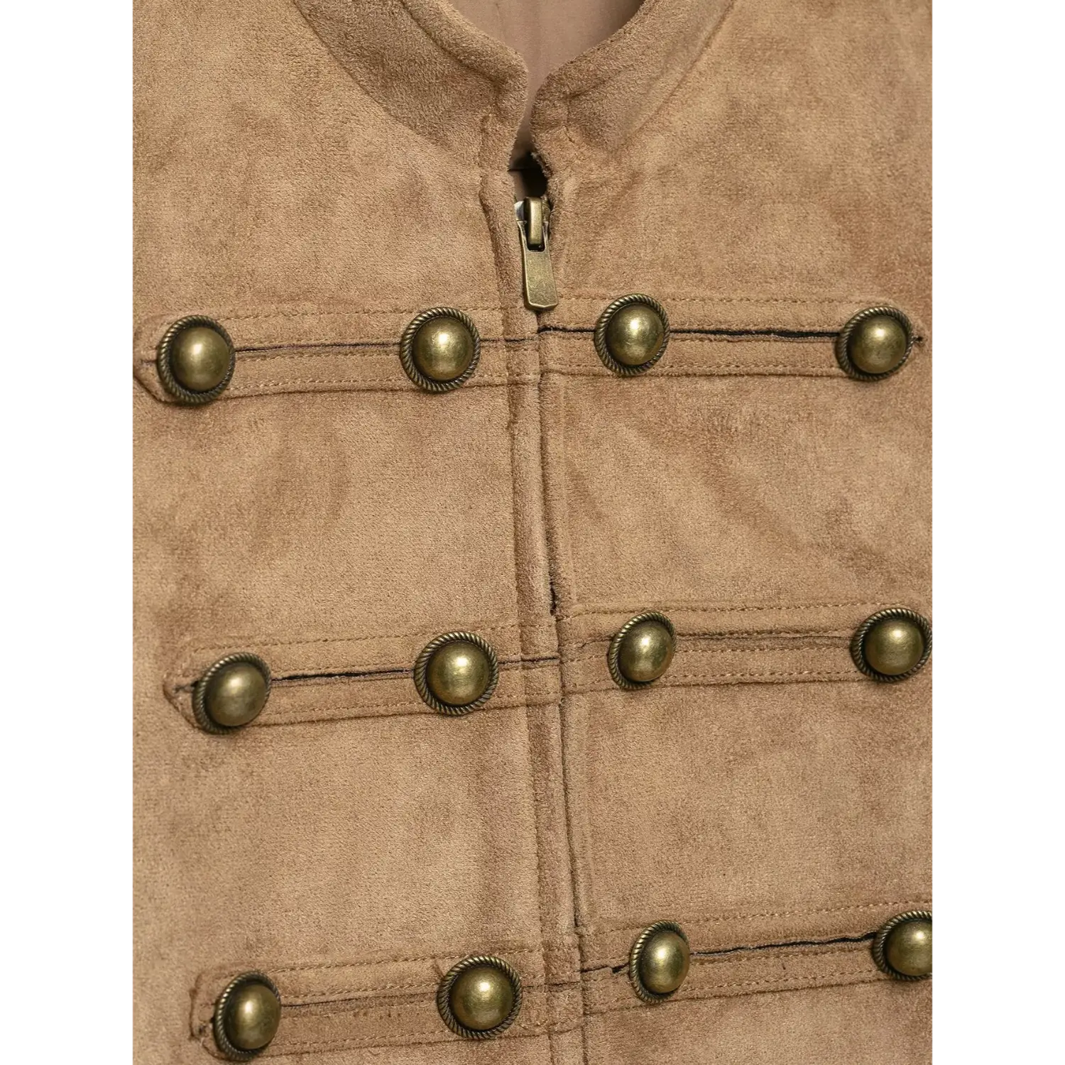 Close-up front placket vintage bronze buttons & central zipper detail on khaki suede outerwear