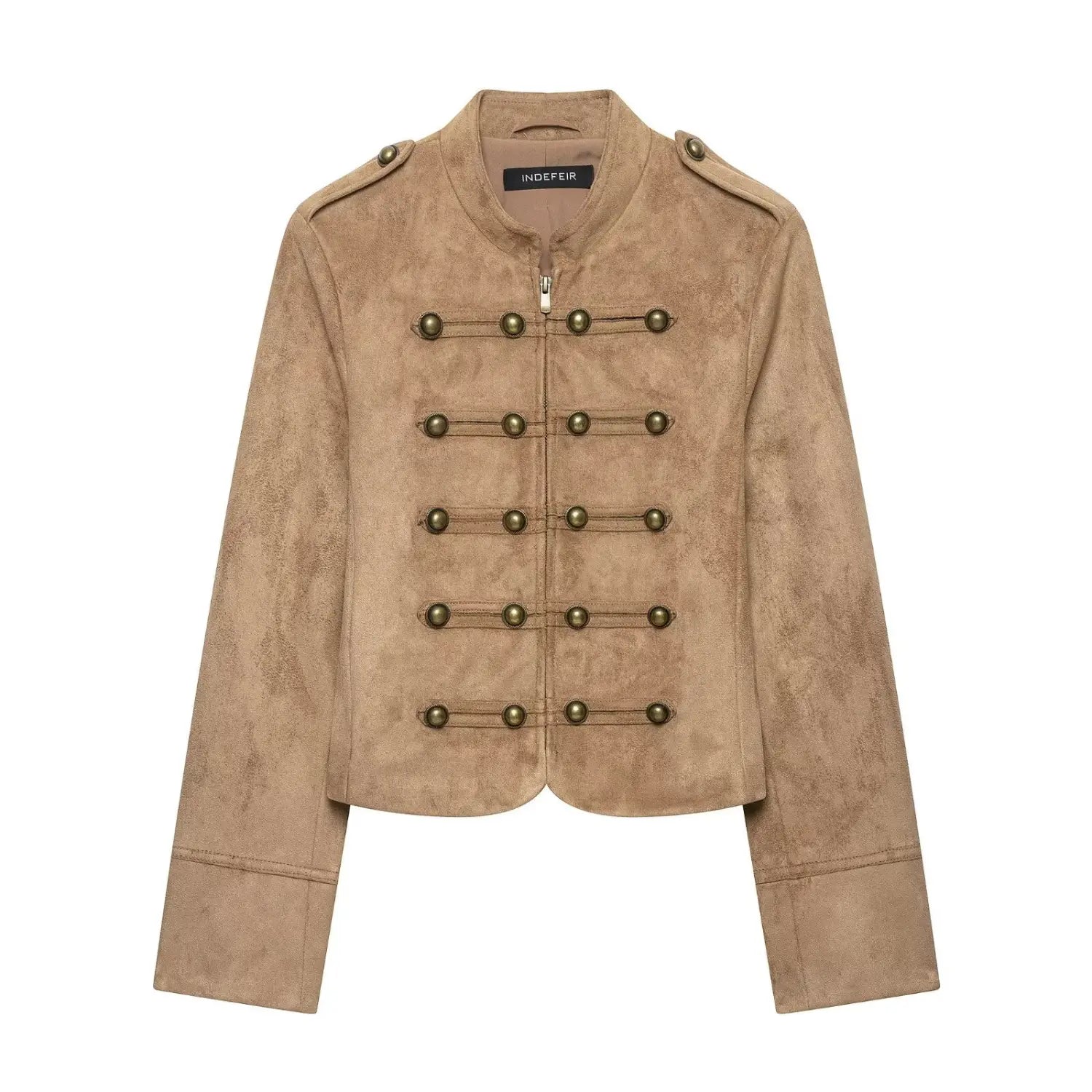 Front view khaki faux suede military cropped jacket with antique brass double breast buttons & shoulder epaulets