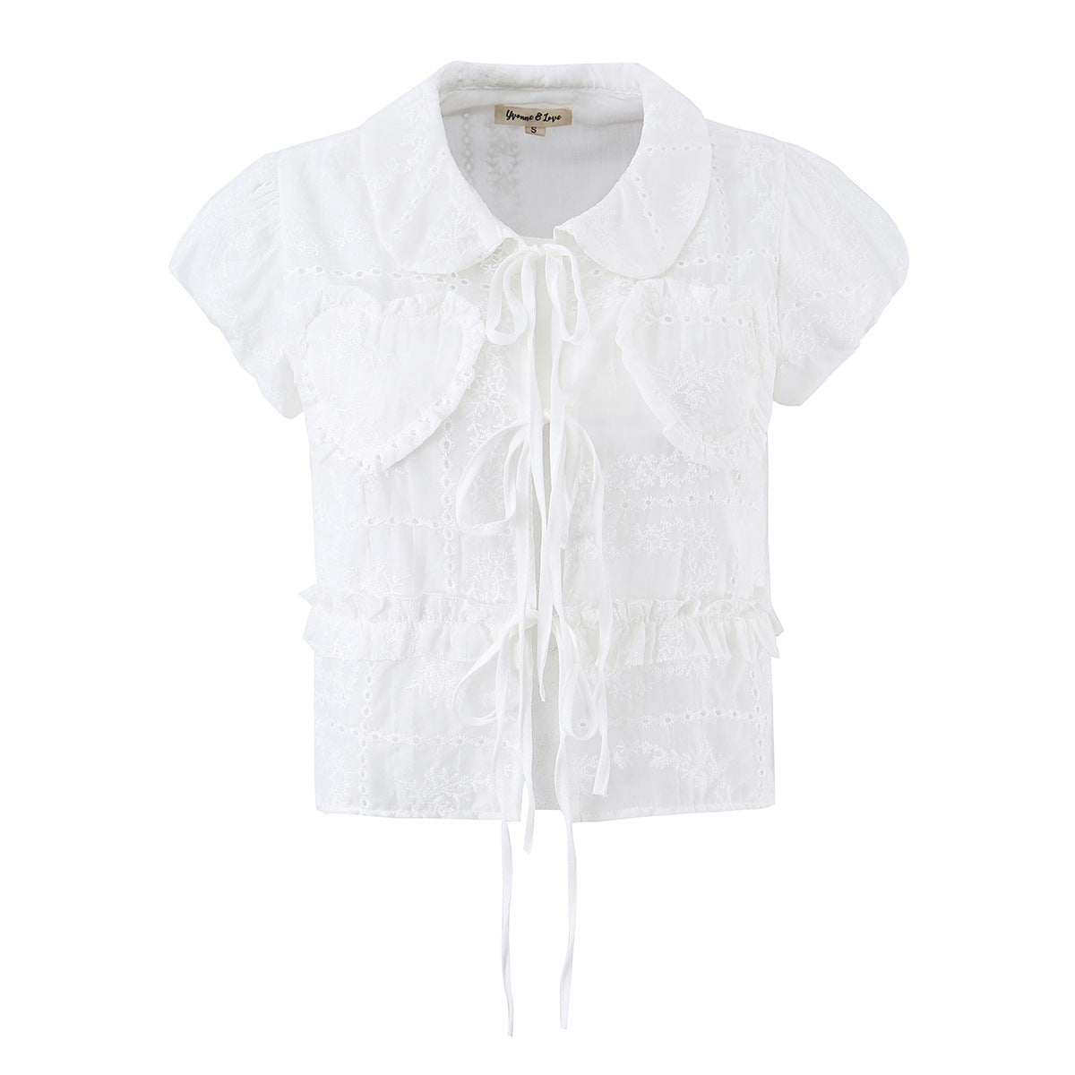 Women's white heart embroidery Peter Pan collar tie-front ruffle cropped blouse by dingdingding, front view showing embroidery and collar detail.
