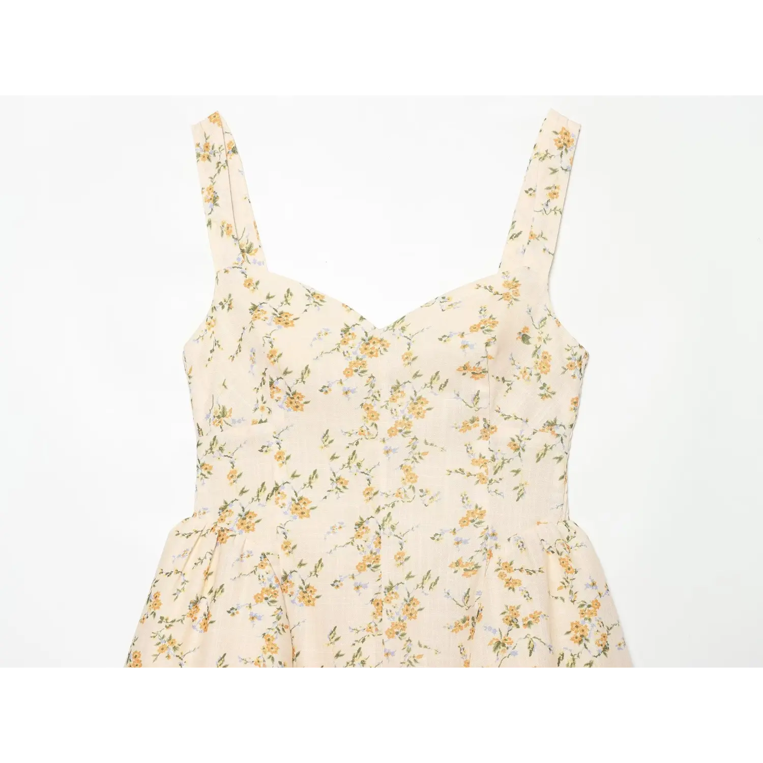 Sweetheart V neck floral cami dress hanger close-up flat lay, molded bust cut wide square straps textured floral fabric neck sewing craft shot