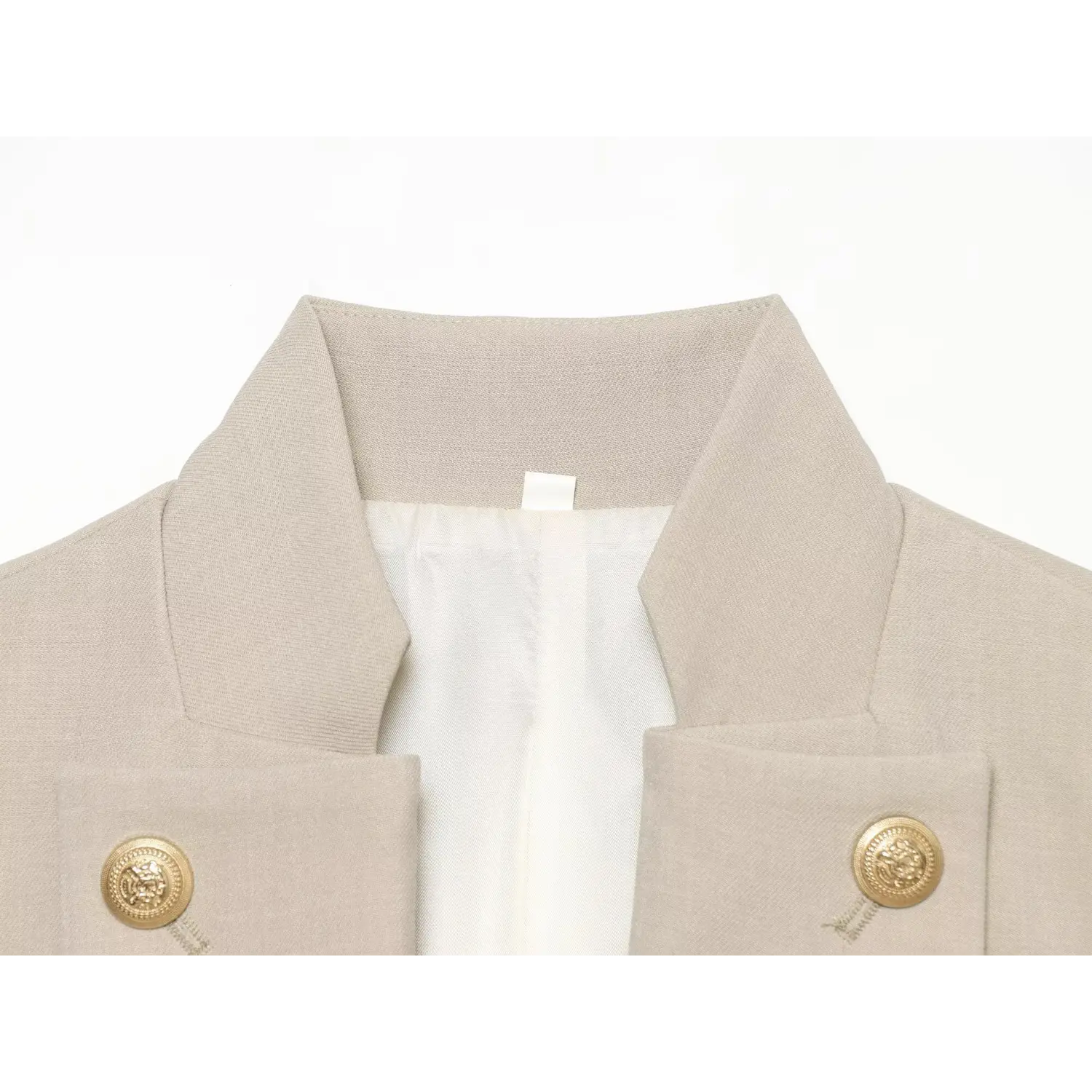 Macro shot stand lapel collar and smooth white inner lining