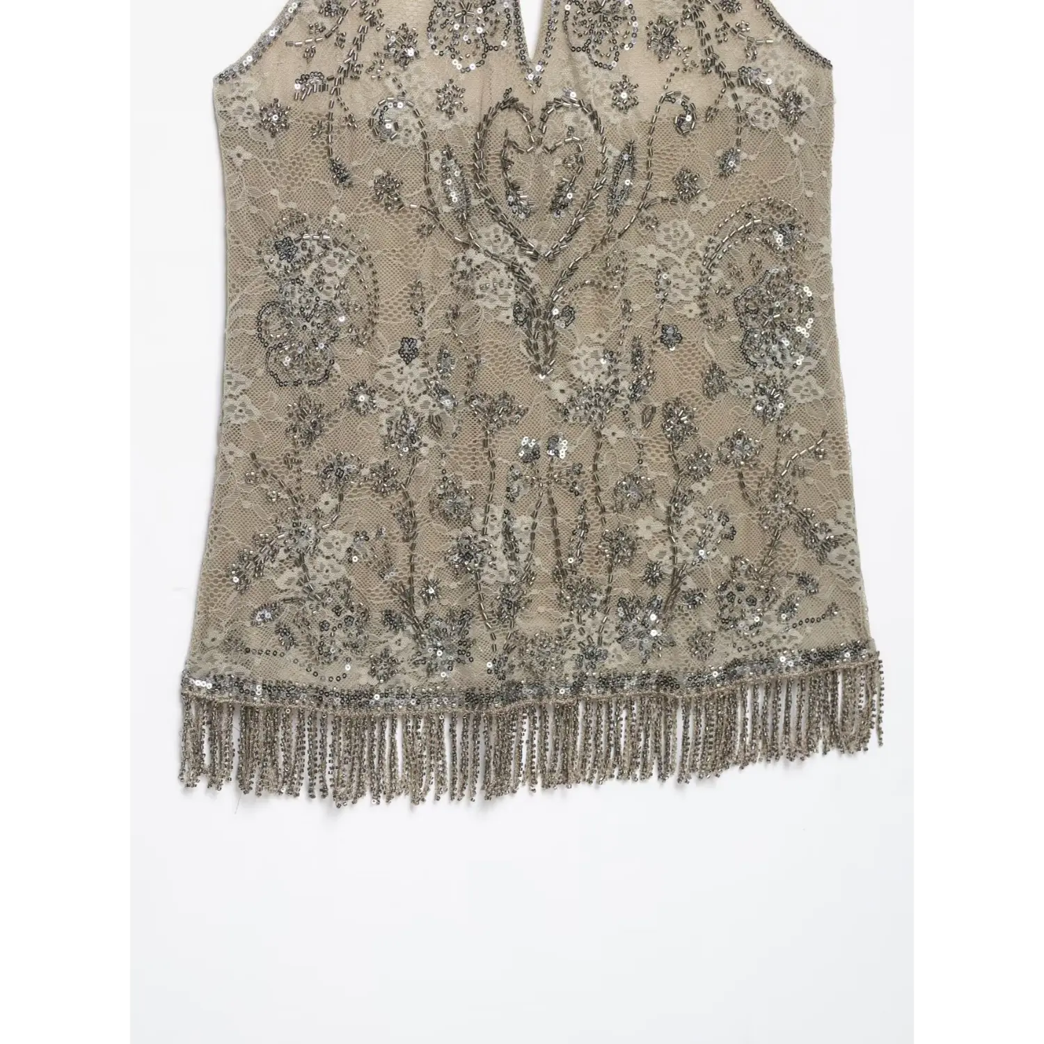 Close‑up lower section view full floral beaded embroidery pattern and complete hanging beaded fringe hem