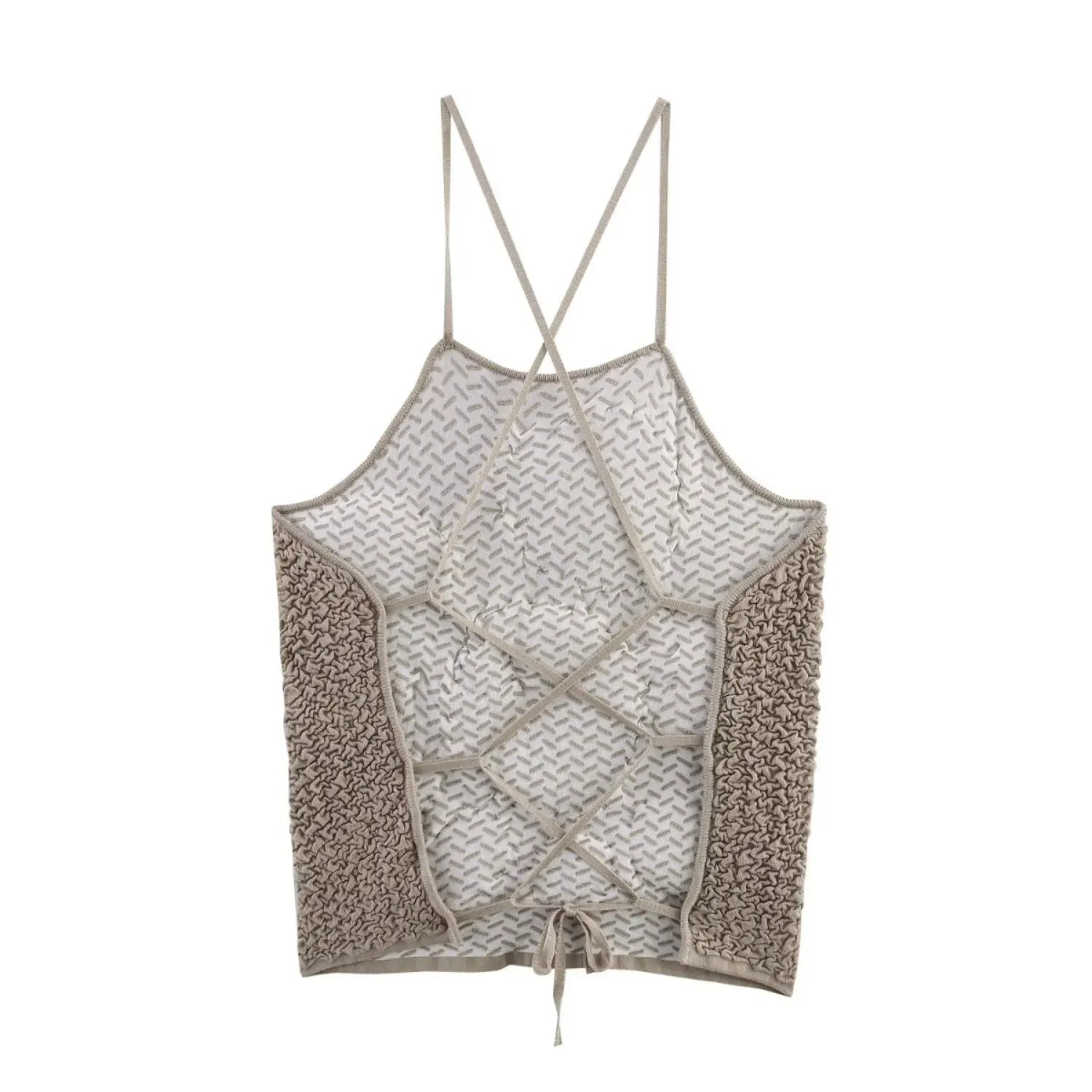 Full back view on white background of taupe textured bubble knit camisole top with crisscross lace-up back