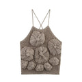 Full front view on white background of taupe textured bubble knit camisole top with floral texture