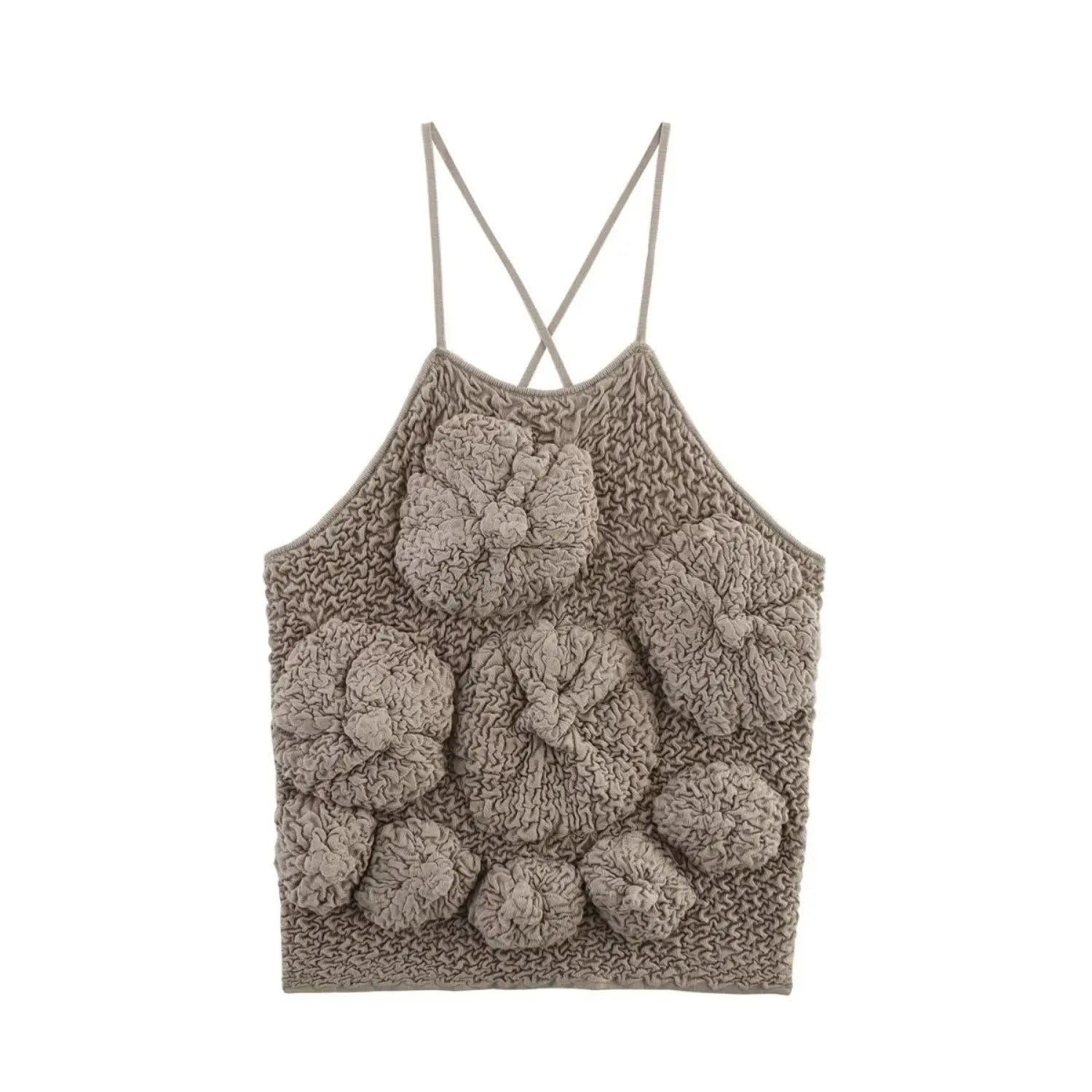 Full front view on white background of taupe textured bubble knit camisole top with floral texture