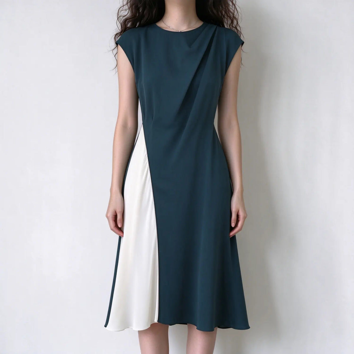 Model wearing teal and cream color block sleeveless maxi dress with draped front and flared skirt, white background