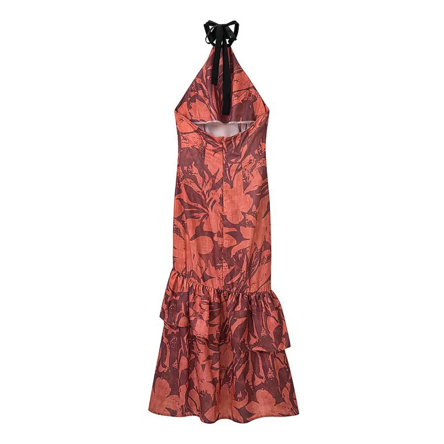 Flat‑lay back view of terracotta floral halter midi dress, open back with black neck tie and back zipper