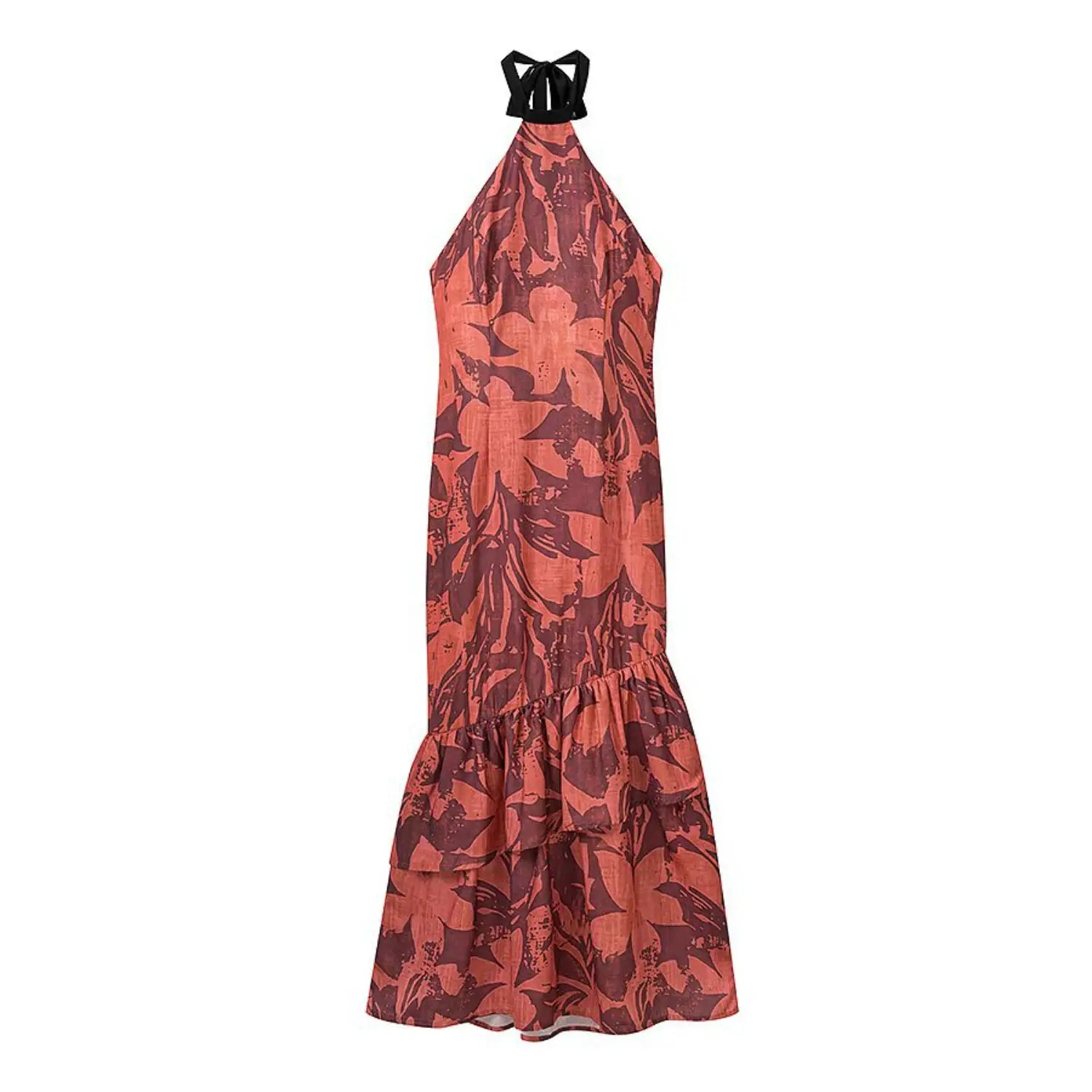 Flat‑lay front view of terracotta floral print halter midi dress with black tie neck and tiered ruffle hem